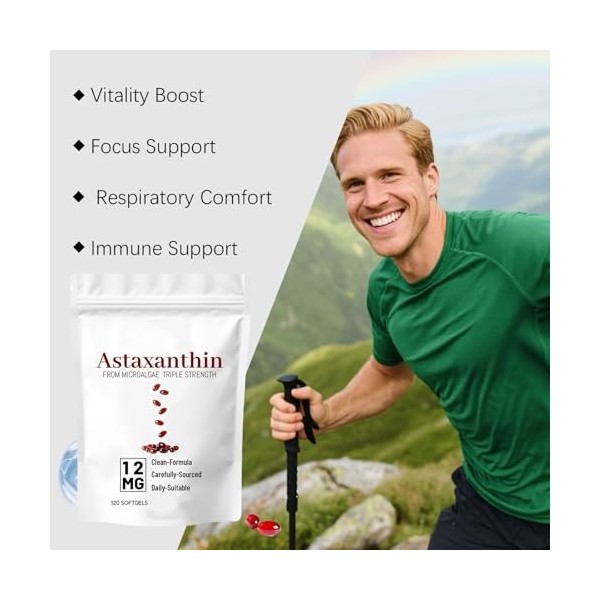 Astaxanthine | Source de microalgues fraîches | Vitalité, concentration et soutien immunitaire | formule triple force | 120 p...