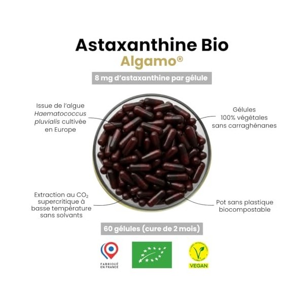 Astaxanthine BIO 8 mg – Issue de l’Algue Haematococcus Pluvialis Biologique Origine Europe – Antioxydant Naturel Hautement Bi