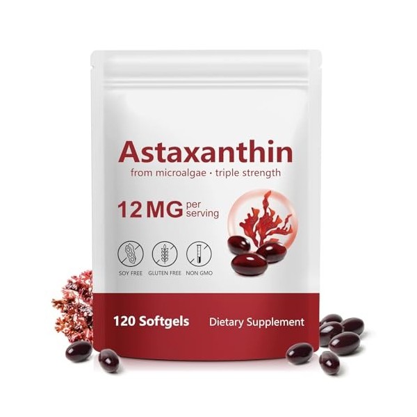 Astaxanthine Pure 12 mg, 120 Gélules pour 4 Mois | Concentration & Biodisponibilité Élevées | Antioxidant Support | Sans Addi