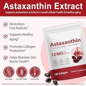 Astaxanthine Pure 12 mg, 120 Gélules pour 4 Mois | Concentration & Biodisponibilité Élevées | Antioxidant Support | Sans Addi