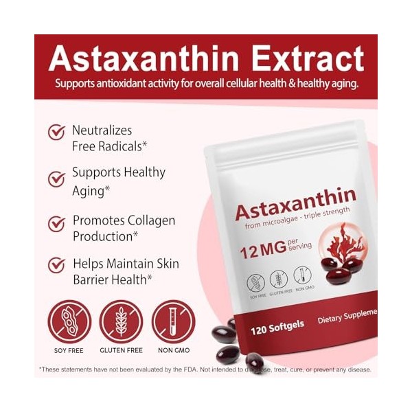 Astaxanthine Pure 12 mg, 120 Gélules pour 4 Mois | Concentration & Biodisponibilité Élevées | Antioxidant Support | Sans Addi