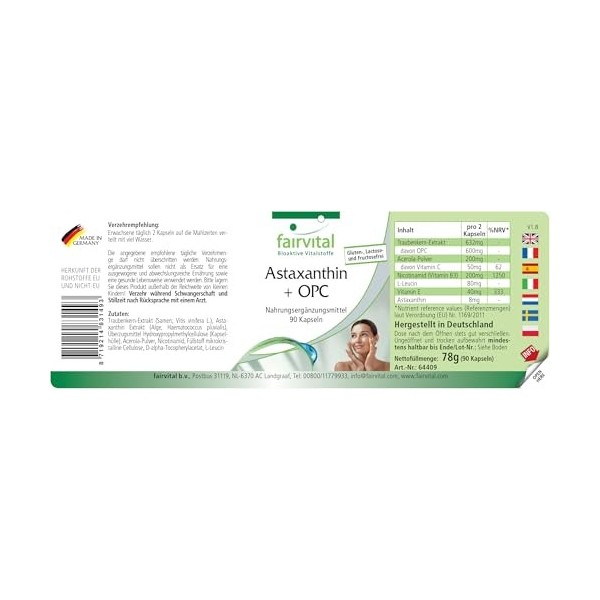 Fairvital | Astaxanthine + OPC - 90 gélules - avec OPC, astaxanthine, acérola avec vitamine C, nicotinamide vitamine B3 et 