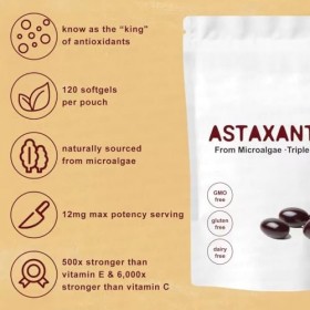 Astaxanthine Premium - | Source de microalgues fraîches | Triple force, sans OGM, sans gluten, sans soja