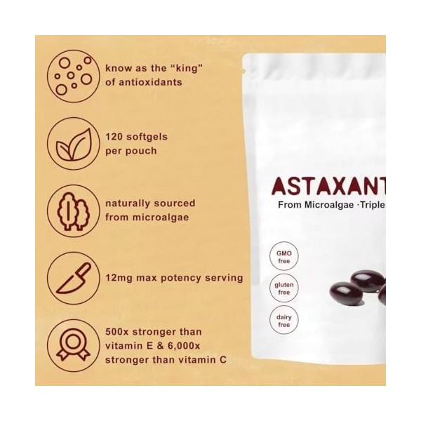 Astaxanthine Premium - | Source de microalgues fraîches | Triple force, sans OGM, sans gluten, sans soja