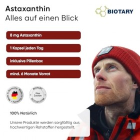 BIOTARY Astaxanthine 8 mg 200 gélules végétales Végétaliennes et naturelles, avec vitamine E, boîte à pilules incluse, testée