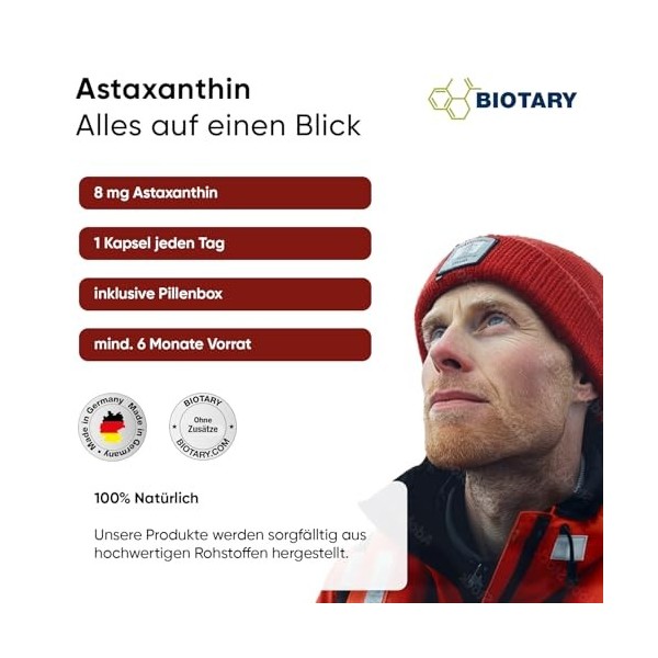 BIOTARY Astaxanthine 8 mg 200 gélules végétales Végétaliennes et naturelles, avec vitamine E, boîte à pilules incluse, testée