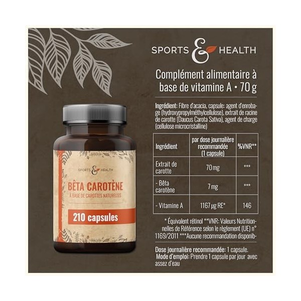 Capsules de Bêta-Carotène Issues de Carottes Naturelles – 210 Gélules Bronzantes – 7 mg de Bêta-Carotène par Gélule – Pack Éc