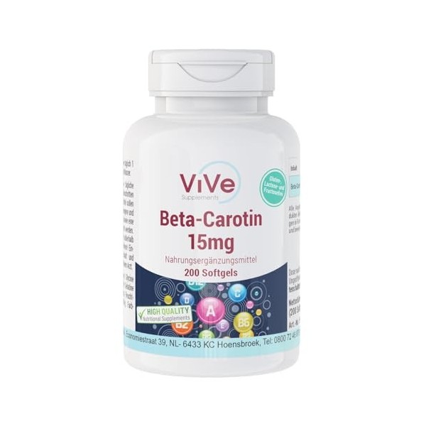 Bêta-carotène 15mg - 200 gélules - 15mg par jour équivalent à 25 000 UI - Hautement dosé - Pour plus de 6 mois - Qualité al