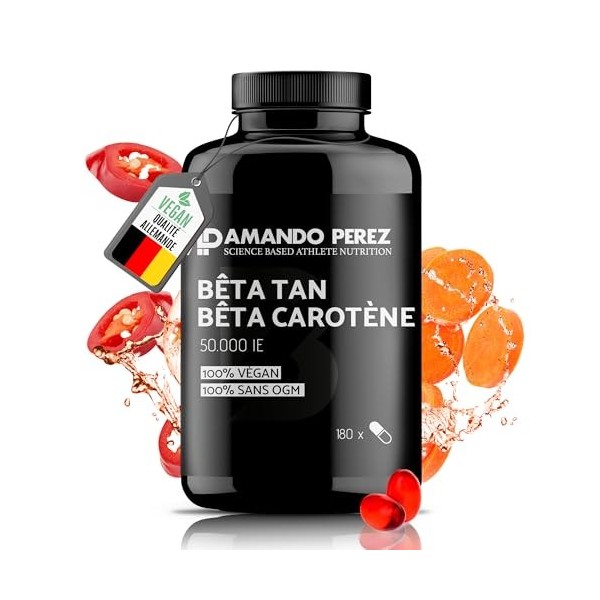 Amando Perez Beta Tan+ Bêta Carotène 50 000 UI - 180 Gélules Haute Absorption - Vegan et à Dose Élevée - Bêta Carotène extrai