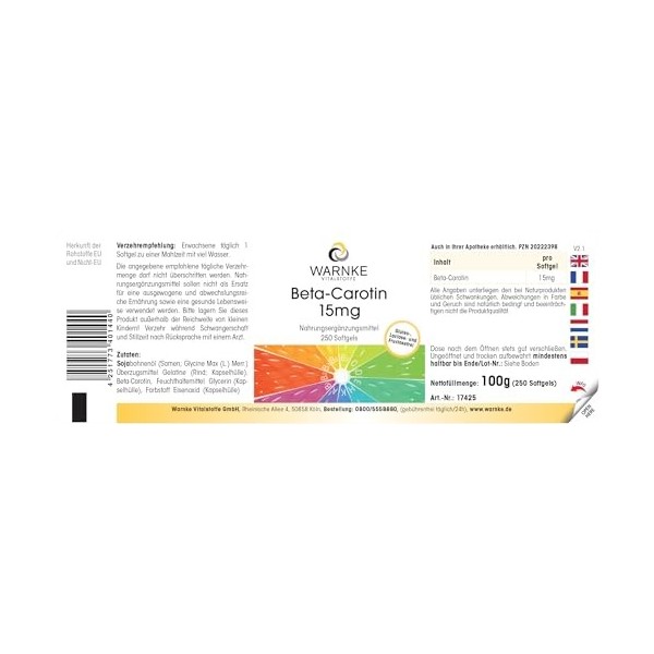 Bêta-carotène 15mg - 250 gélules - 15mg par gélule correspond à 25 000 UI - Provitamine A - HAUTEMENT DOSÉ - Qualité pharma