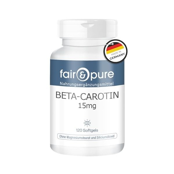 Fair & Pure Beta-Carotène Softgels 15mg, 120 pièces, complément alimentaire sans additifs, fabriqué en Allemagne