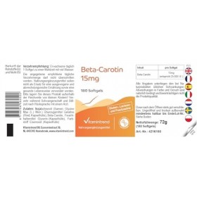 Vitamintrend Bêta-carotène 15mg, 180 gélules molles de 15mg chacune correspondant à 25.000 UI , hautement dosé, sans stéarat