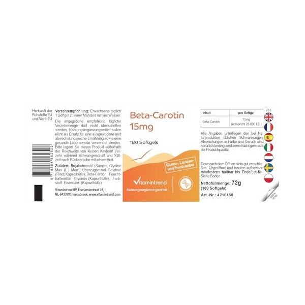 Vitamintrend Bêta-carotène 15mg, 180 gélules molles de 15mg chacune correspondant à 25.000 UI , hautement dosé, sans stéarat