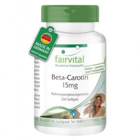 Fairvital | Bêta-carotène 15mg - 200 gélules - 15 mg par gélule correspondent à 25.000 UI - qualité contrôlée et hautement do