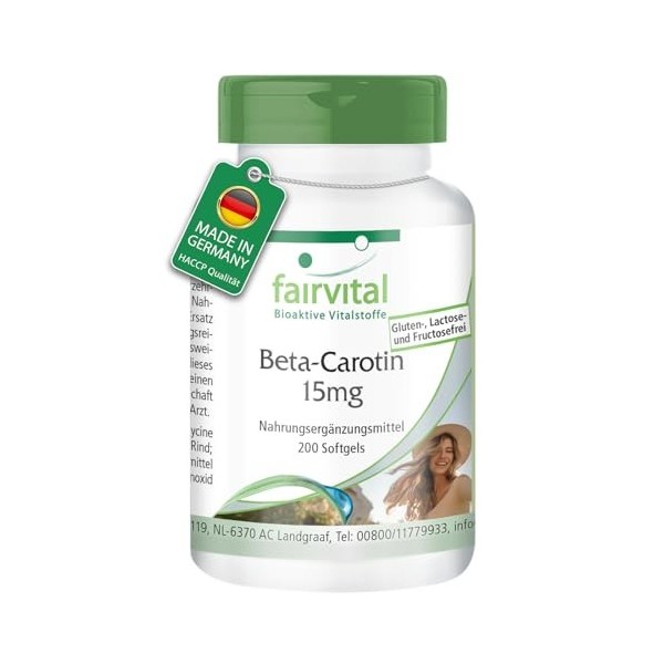 Fairvital | Bêta-carotène 15mg - 200 gélules - 15 mg par gélule correspondent à 25.000 UI - qualité contrôlée et hautement do