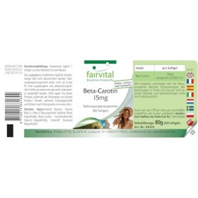 Fairvital | Bêta-carotène 15mg - 200 gélules - 15 mg par gélule correspondent à 25.000 UI - qualité contrôlée et hautement do