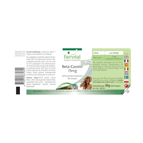 Fairvital | Bêta-carotène 15mg - 200 gélules - 15 mg par gélule correspondent à 25.000 UI - qualité contrôlée et hautement do