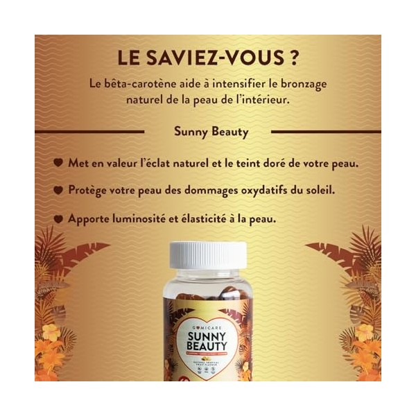 GOMICARE – Gummies Solaire Autobronzant au Beta Carotene, Astaxanthine, Luteine, Lycopene et Cuivre – Gummies Bonbons Bronz