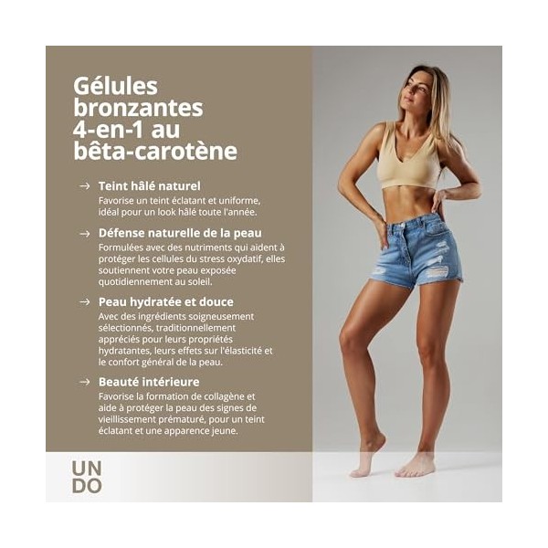 Gélules autobronzantes - Bêta-Carotène, Acide Hyaluronique, Lycopène, Cuivre, Sélénium pour une peau Radieuse et Hydratée - U