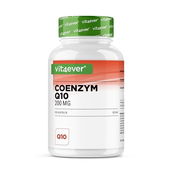 Coenzyme Q10 avec 200 mg par gélule - 180 gélules vegan - 6 mois de réserve - Q10 de haute qualité - hautement dosé, sans add