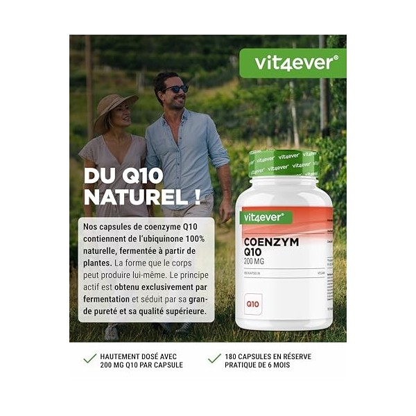 Coenzyme Q10 avec 200 mg par gélule - 180 gélules vegan - 6 mois de réserve - Q10 de haute qualité - hautement dosé, sans add