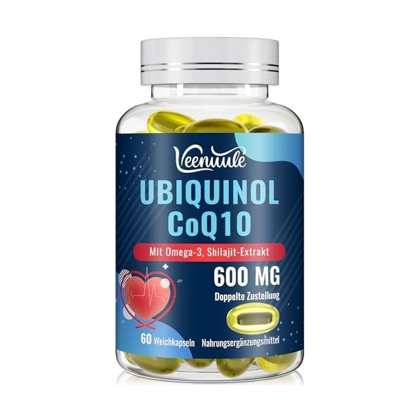 Ubiquinol CoQ10 600 mg Capsules Molles Avec Extrait de Shilajit 300 mg, Omega-3 150 mg - Système de Livraison Dual - Absorpti...