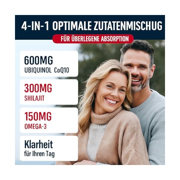 Ubiquinol CoQ10 600 mg Capsules Molles Avec Extrait de Shilajit 300 mg, Omega-3 150 mg - Système de Livraison Dual - Absorpti...
