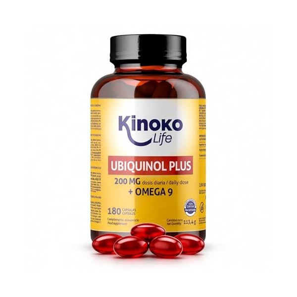 UBIQUINOL Plus 180 Capsules 200 mg Dose Journalière Coenzyme Q10 Réduite 100 mg par Capsule Oméga 9 Huile d’Olive Vierge Extr