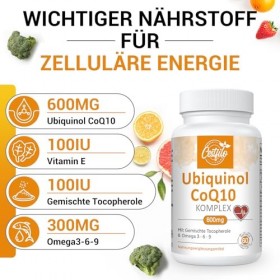 Ubiquinol CoQ10 600 mg gélules softgel - Forme active de CoQ10 plus vitamine E & oméga 3 6 9 - Antioxydant avancé coenzyme Q1...