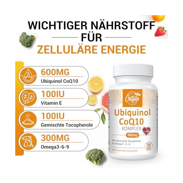 Ubiquinol CoQ10 600 mg gélules softgel - Forme active de CoQ10 plus vitamine E & oméga 3 6 9 - Antioxydant avancé coenzyme Q1...