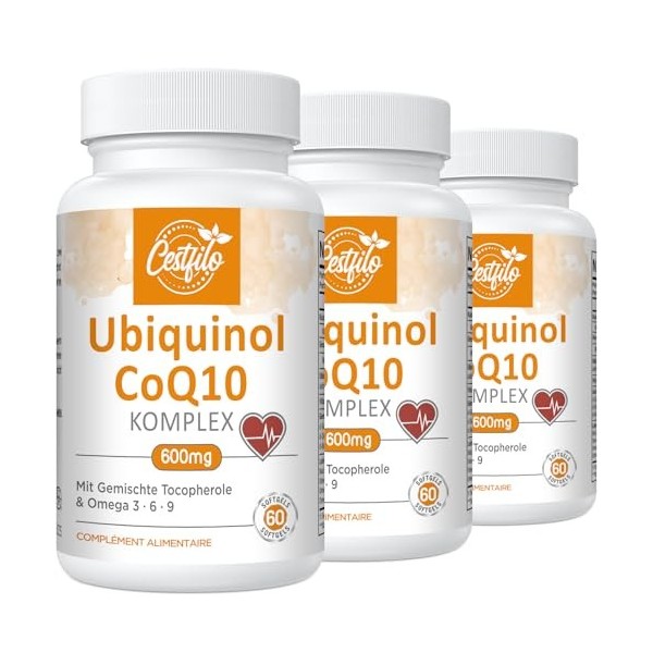 Ubiquinol CoQ10 600 mg gélules softgel - Forme active de CoQ10 plus vitamine E & oméga 3 6 9 - Antioxydant avancé coenzyme Q1...
