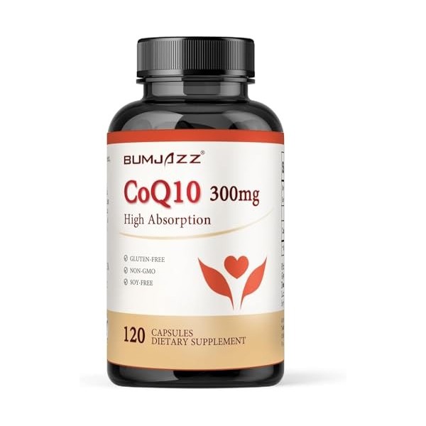 CoQ10 300 mg - 120 gélules - Haute absorption - Sans OGM - Sans gluten - Supplément de coenzyme Q10 - Gélules de CoQ10