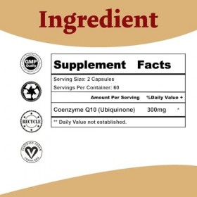 CoQ10 300 mg - 120 gélules - Haute absorption - Sans OGM - Sans gluten - Supplément de coenzyme Q10 - Gélules de CoQ10