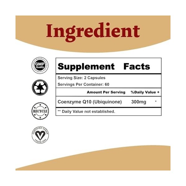 CoQ10 300 mg - 120 gélules - Haute absorption - Sans OGM - Sans gluten - Supplément de coenzyme Q10 - Gélules de CoQ10