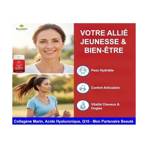 Collagène Marin – Acide Hyaluronique & Q10 – 120 Comprimés – Éclat de la Peau, Élasticité & Articulations – Cure 4 Mois – For