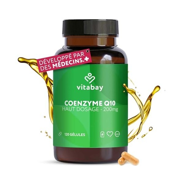 Vitabay Coenzyme Q10 Ubiquinone 200 mg – 120 capsules végétales – CoQ10 hautement dosé – Q10 naturel issu de fermentation vég
