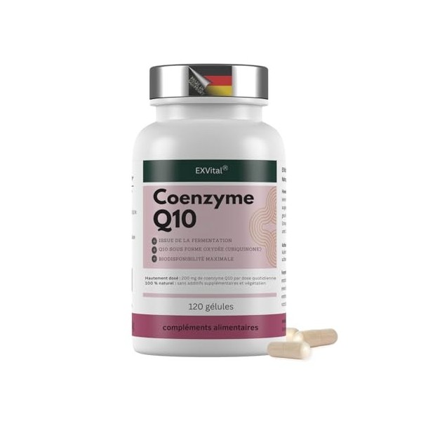 EXVital® Q10 Coenzyme, 200 mg par gélule, 120 gélules végétaliennes, suffit pour 4 mois, hautement dosé et sans additifs, pro