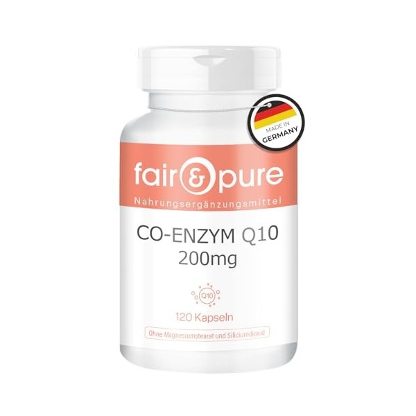 Fair & Pure Co-Enzyme Q10 Capsules 200mg, 120 pièces, complément alimentaire végétalien sans additifs, fabriqué en Allemagne