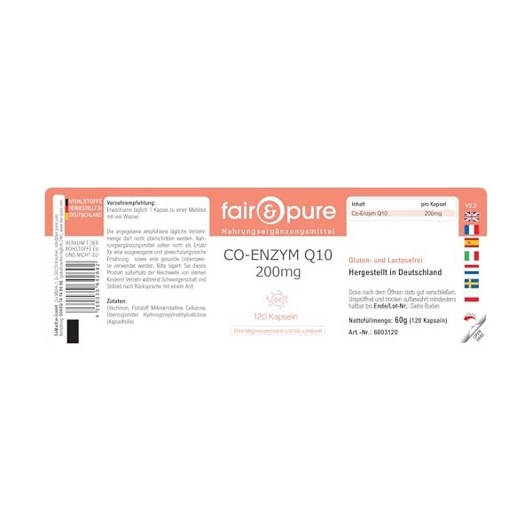 Fair & Pure Co-Enzyme Q10 Capsules 200mg, 120 pièces, complément alimentaire végétalien sans additifs, fabriqué en Allemagne