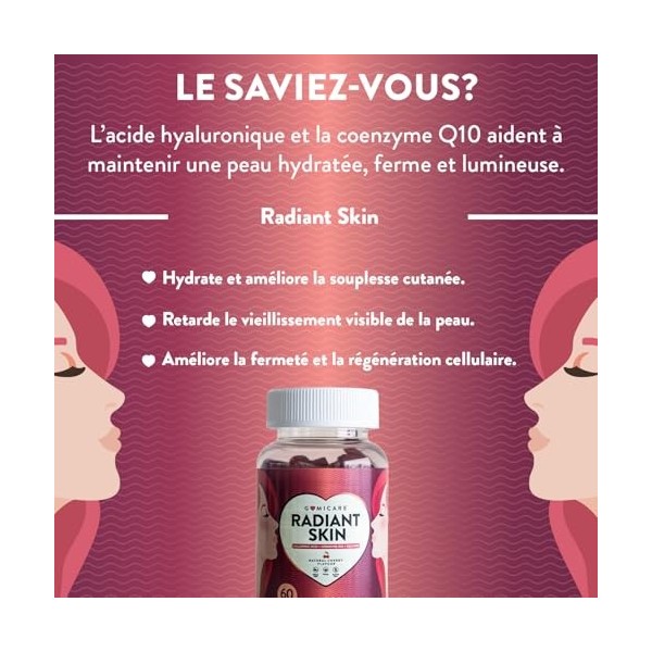 GOMICARE – Gummies dAcide Hyaluronique + Coenzyme Q10 + Sélénium + Vitamines C, E et Zinc – Bonbons Gommes Vegans pour une