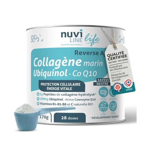 NUVILINE Life | Collagène, Poudre Vitalité & Anti-Âge | Formule biodisponible 4kDa avec Ubiquinol CoQ10 & Vitamines | Goût C...