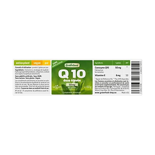 Greenfood Coenzyme Q10, 50 mg, dose élevée, 180 gélules, vegan. Sans additifs artificiels, Sans génie génétique.