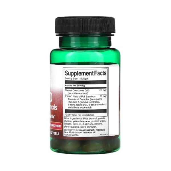 Swanson - CoQ10 - Coenzyme Q10 100mg avec Tocotriénols | Support cardiaque et vasculaire, propriétés antioxydantes - 60 Softg
