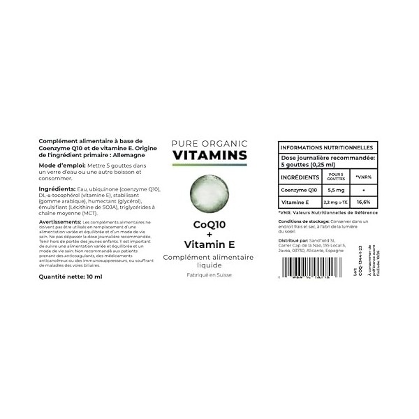 Pure Organic Vitamins Gouttes liquides de coenzyme Q10 avec vitamine E – Complément alimentaire CoQ10 – Technologie MyCell, a