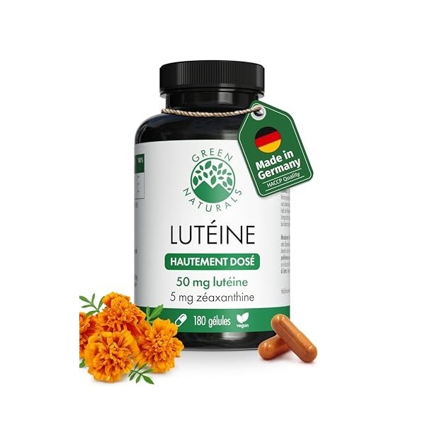 Green Naturals® Lutéine – Hautement dosée 50 mg de lutéine & 5 mg de zéaxanthine issus de 250 mg d’extrait naturel de tagète 