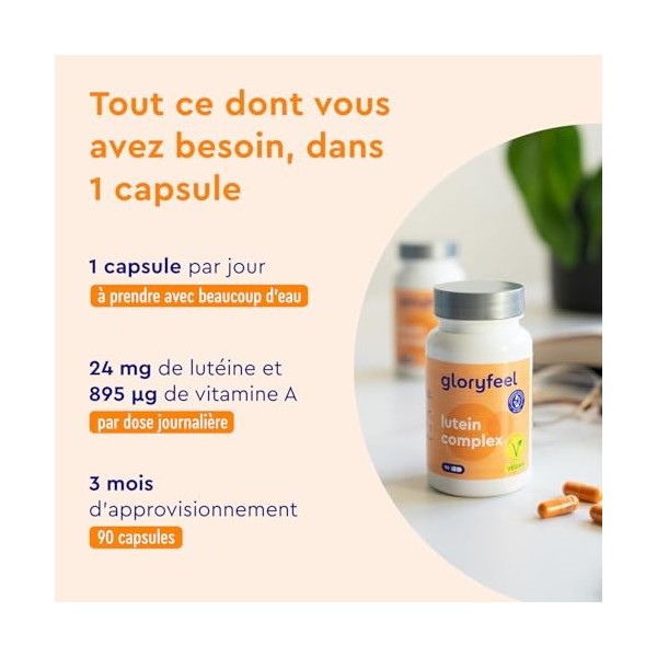 Lutéine & Zéaxanthine Capsules - Complément Santé pour les Yeux - 90 Gélules avec Vitamine A et Riboflavine - 3 Mois dApprov