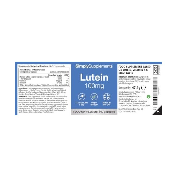 Capsules de Lutéine 100mg | avec Vitamine A & Riboflavine pour la Vision & le Métabolisme | Convient aux Végétariens & Végane