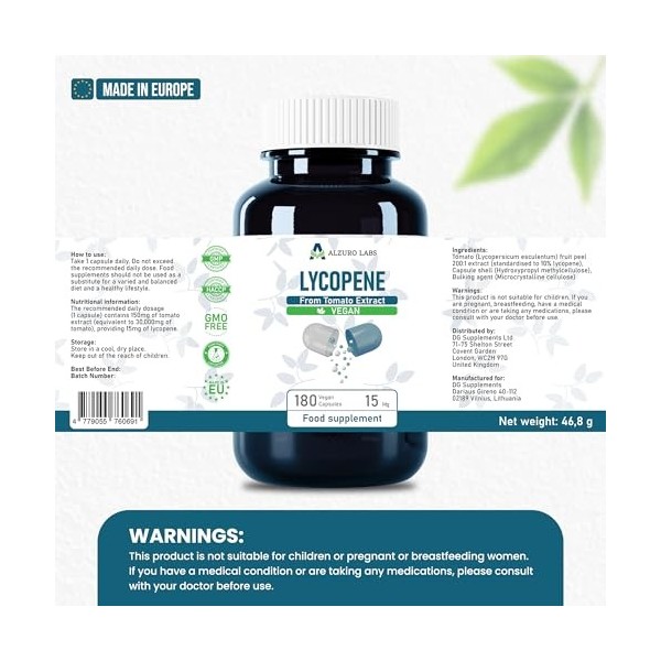 Alzuro Labs Lycopène 15 mg – 180 gélules végétaliennes | Extrait de tomate 200:1 équiv. à 30 000 mg | Antioxydant, soutien du
