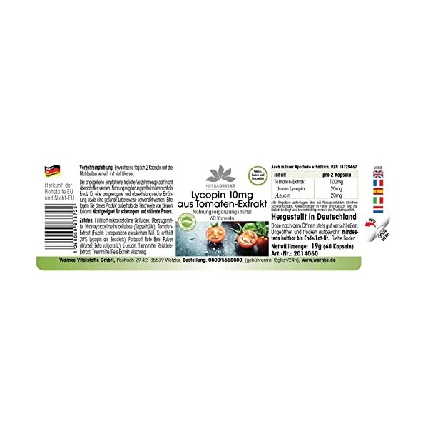 Lycopène 10 mg - 60 gélules - Végétarien Extrait de tomate | Herba Direkt - Qualité des pharmacies allemandes