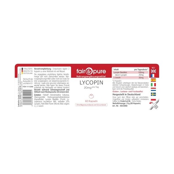 Fair & Pure Lycopène 20 mg, 60 gélules, caroténoïde issu dextrait de tomate, complément alimentaire végétalien sans additifs